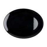 A glossy, black, round ceramic plate is shown from above against a white background. Light reflections highlight its sleek look, reminiscent of the Sierra Collection Serving Platter. The plate is empty, emphasizing its smooth, shiny surface.