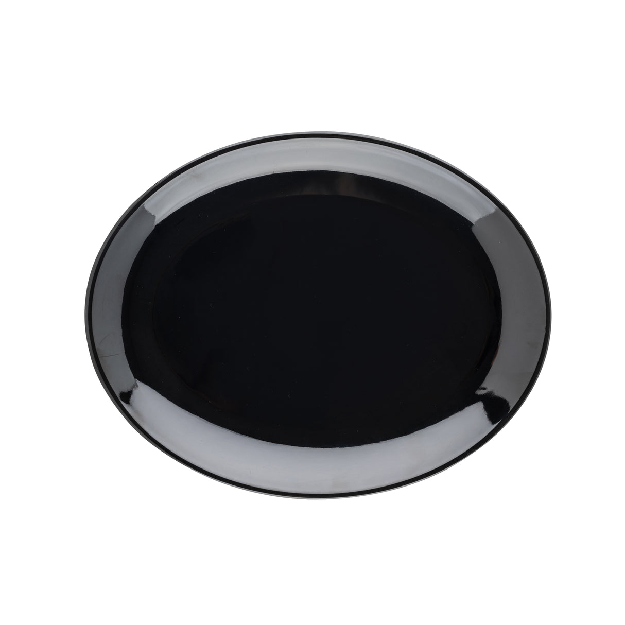 A round, glossy black ceramic plate seen from above against a white background. The surface is smooth and reflective, echoing the simple, modern design of the Sierra Collection Serving Platter with no decorations or patterns.