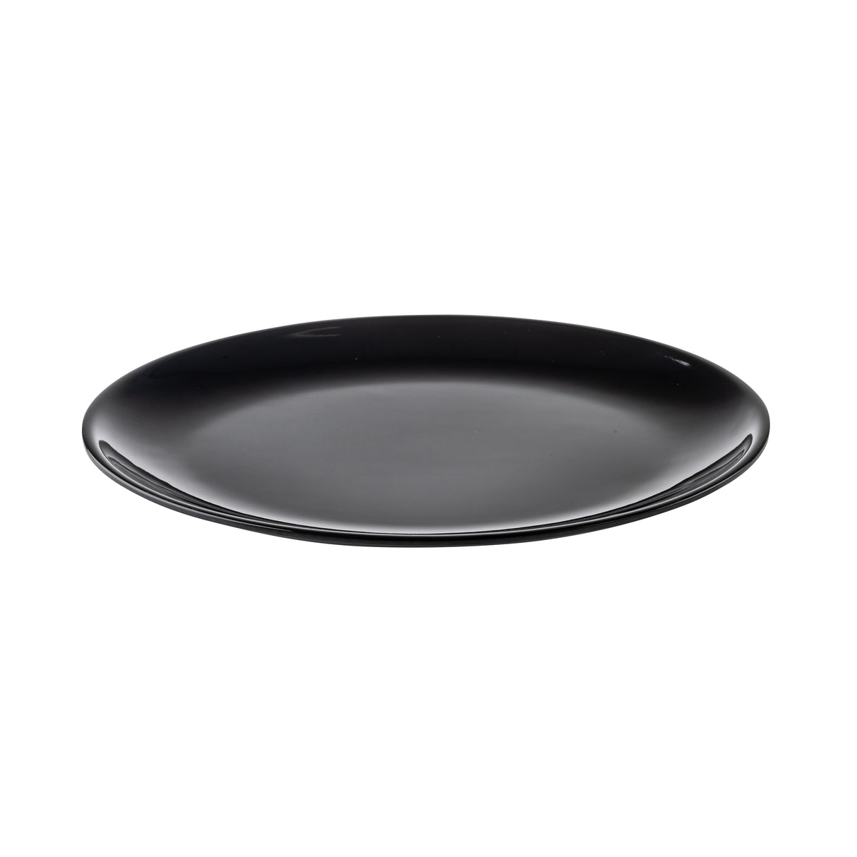 A simple, round, glossy black melamine platter is centered on a white background. The plate has a smooth surface and gently curved edges, with no visible patterns or decorations.