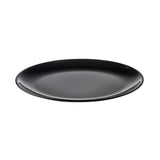 A simple, round, glossy black melamine platter is centered on a white background. The plate has a smooth surface and gently curved edges, with no visible patterns or decorations.