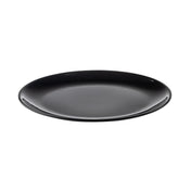 A simple, round, glossy black melamine platter is centered on a white background. The plate has a smooth surface and gently curved edges, with no visible patterns or decorations.
