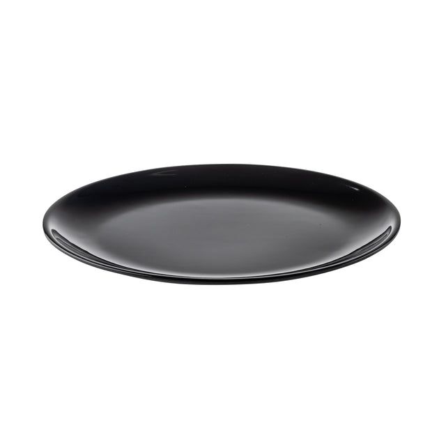 A simple, round, glossy black melamine platter is centered on a white background. The plate has a smooth surface and gently curved edges, with no visible patterns or decorations.