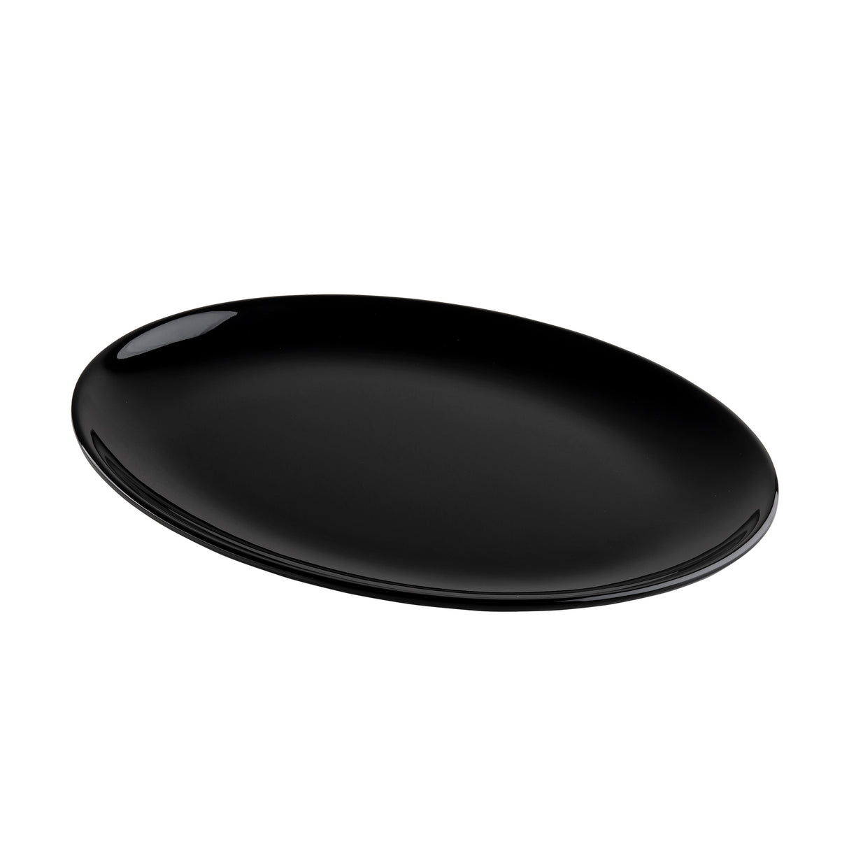 A glossy, black, oval-shaped Sierra Collection Serving Platter by TableCraft sits on a plain white background. The melamine platter has a smooth surface with a slight reflection in the upper left, highlighting its polished, minimalist design.