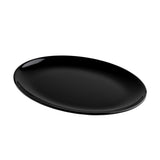 A glossy, black, oval-shaped Sierra Collection Serving Platter by TableCraft sits on a plain white background. The melamine platter has a smooth surface with a slight reflection in the upper left, highlighting its polished, minimalist design.