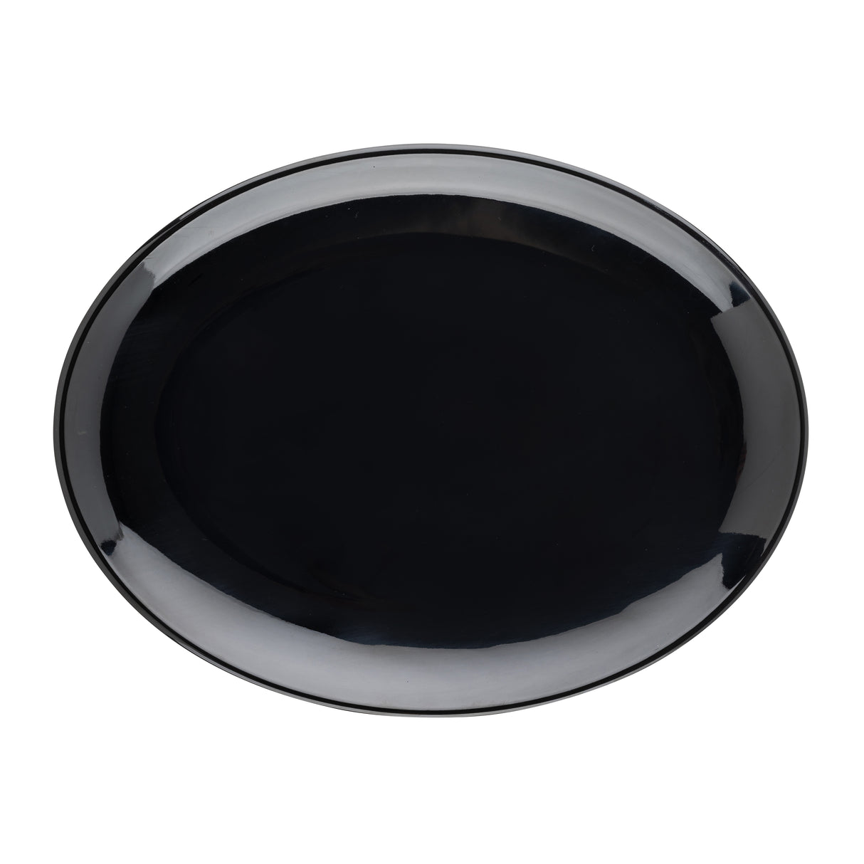 A plain, round, glossy black ceramic plate viewed from above on a white background. The plate's smooth, reflective surface is reminiscent of the TableCraft Sierra Collection Serving Platter, with no decoration or visible markings.