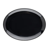 A plain, round, glossy black ceramic plate viewed from above on a white background. The plate's smooth, reflective surface is reminiscent of the TableCraft Sierra Collection Serving Platter, with no decoration or visible markings.