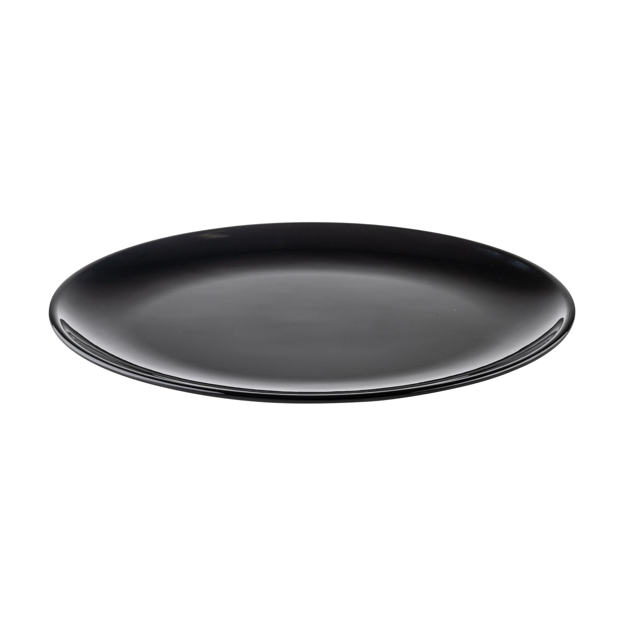 A plain, round, black ceramic plate with a smooth, glossy finish is shown against a white background. Reminiscent of the style found in the TableCraft Sierra Collection Serving Platter, its simple, modern design is highlighted by its shallow curve.