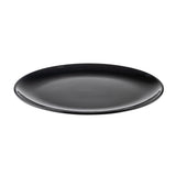 A plain, round, black ceramic plate with a smooth, glossy finish is shown against a white background. Reminiscent of the style found in the TableCraft Sierra Collection Serving Platter, its simple, modern design is highlighted by its shallow curve.