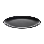 A plain, round, black ceramic plate with a smooth, glossy finish is shown against a white background. Reminiscent of the style found in the TableCraft Sierra Collection Serving Platter, its simple, modern design is highlighted by its shallow curve.