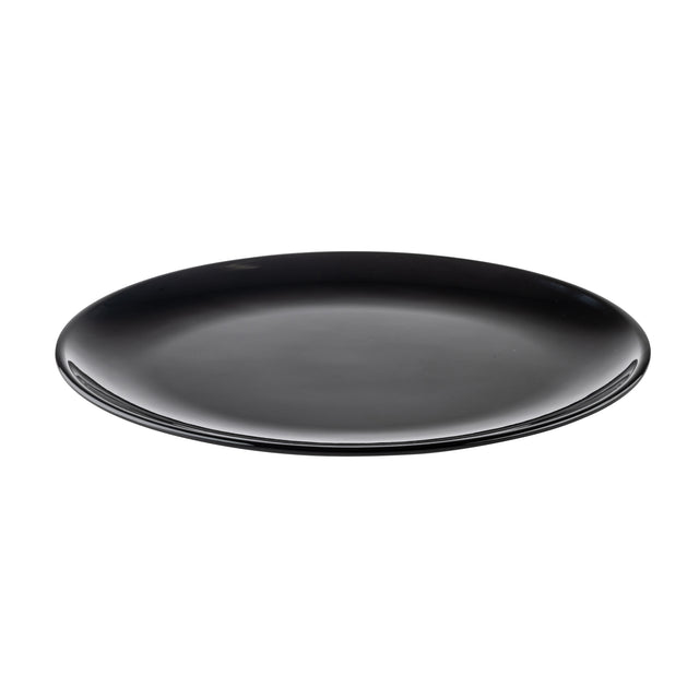 A plain, round, black ceramic plate with a smooth, glossy finish is shown against a white background. Reminiscent of the style found in the TableCraft Sierra Collection Serving Platter, its simple, modern design is highlighted by its shallow curve.