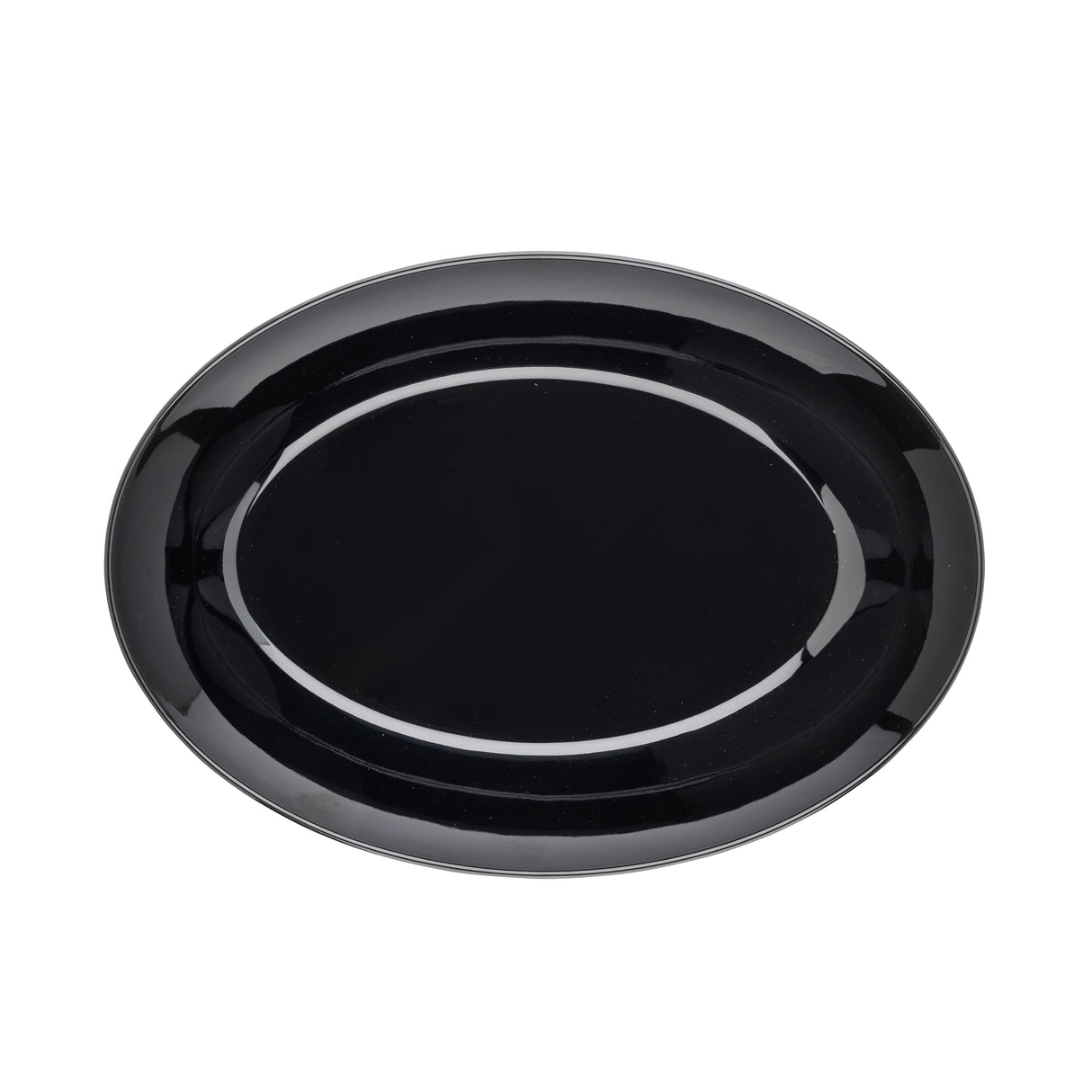 A shiny, empty, oval-shaped black melamine platter from the Sierra Collection Serving Platter by TableCraft is shown from above on a plain white background. The plate features a smooth, reflective surface with a subtle inner oval border detail.