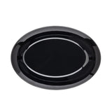 A shiny, empty, oval-shaped black melamine platter from the Sierra Collection Serving Platter by TableCraft is shown from above on a plain white background. The plate features a smooth, reflective surface with a subtle inner oval border detail.