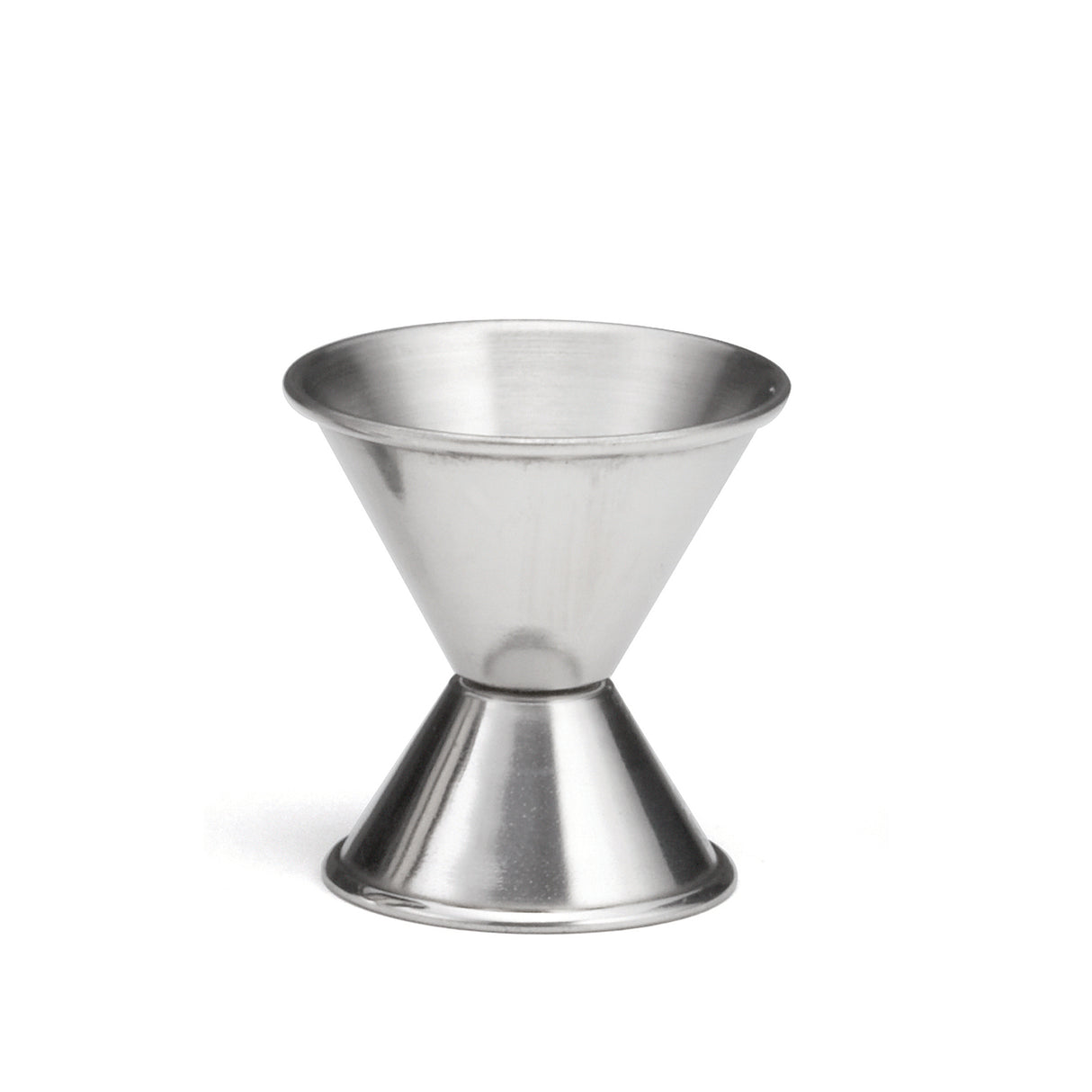 A stainless steel cocktail measuring jigger with two conical sections joined at the base, forming an hourglass shape. The top cone is larger, the bottom smaller. Used in bartending, its shiny surface reflects light beautifully.