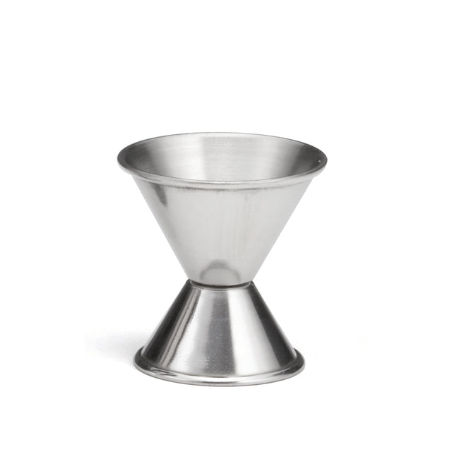 A stainless steel cocktail measuring jigger with two conical sections joined at the base, forming an hourglass shape. The top cone is larger, the bottom smaller. Used in bartending, its shiny surface reflects light beautifully.