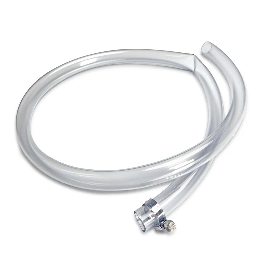 A coiled clear plastic tube with one end open and the other end fitted with a metal clamp and connector, displayed on a white background. This flexible Sno pan tube from Gold Medal Products is likely used for liquid or air transfer.