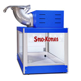 A blue and silver Sno-Kones machine by Gold Medal Products features a clear glass front with “Sno-Kones” in red, snowflake designs, and a metal ice shaver on top. The interior is empty, with the machine sitting on a white background.