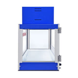 Front view of a rectangular, glass-sided food warmer or display case by Gold Medal Products with a blue top and base, metallic frame, and clear door on the right side. The empty interior is well-lit, set against a plain white background.