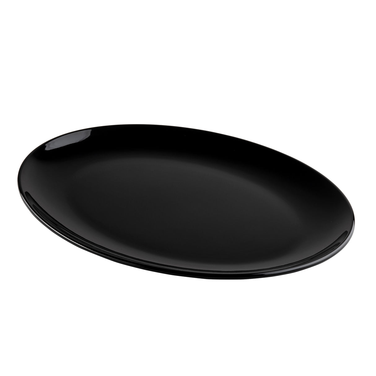 A glossy, oval-shaped black serving platter from the Sierra Collection is shown against a plain white background. The empty melamine plate is slightly tilted with smooth, curved edges, reflecting light near the rim and upper left side.