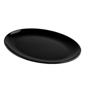 A glossy, oval-shaped black serving platter from the Sierra Collection is shown against a plain white background. The empty melamine plate is slightly tilted with smooth, curved edges, reflecting light near the rim and upper left side.