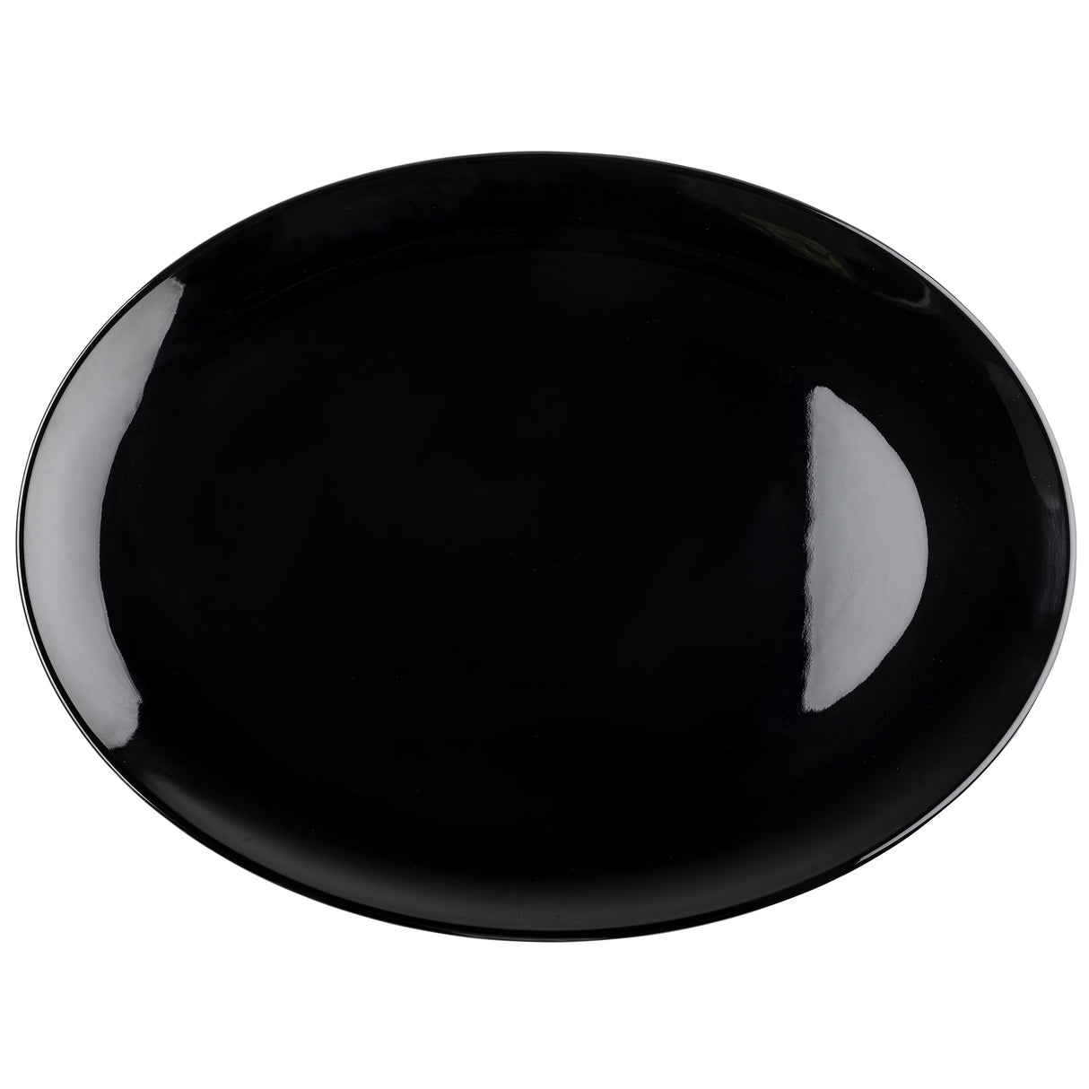 A glossy, oval-shaped melamine Serving Platter from the Sierra Collection is shown against a white background. Reflections on its surface highlight the modern, minimalist design and smooth, shiny finish. The plate is empty and photographed from above.