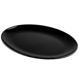 A glossy, empty black oval plate from the TableCraft Products Sierra Collection is photographed against a white background. This melamine serving platter features smooth curves and a shiny surface, emphasizing its clean and modern design.