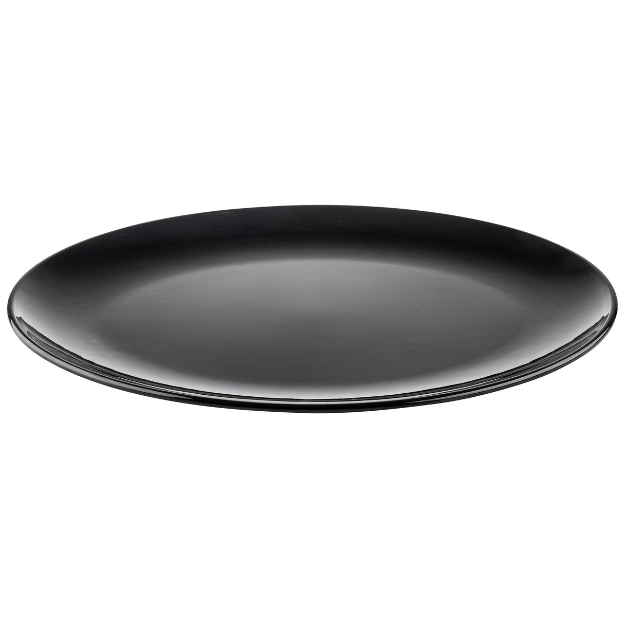 A glossy, empty black ceramic plate from the Sierra Collection Serving Platter line is shown against a white background. The plate is circular with a smooth, slightly raised rim and a sleek, minimalist design.