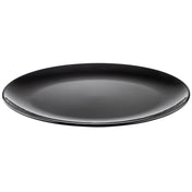 A glossy, empty black ceramic plate from the Sierra Collection Serving Platter line is shown against a white background. The plate is circular with a smooth, slightly raised rim and a sleek, minimalist design.