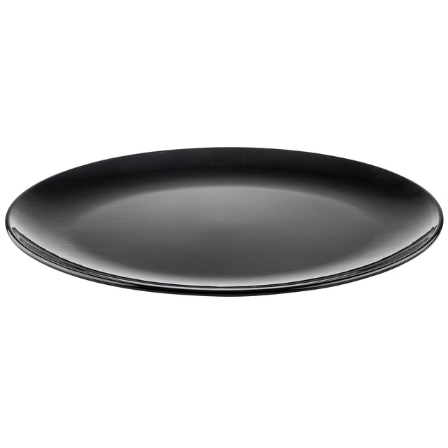 A glossy, empty black ceramic plate from the Sierra Collection Serving Platter line is shown against a white background. The plate is circular with a smooth, slightly raised rim and a sleek, minimalist design.