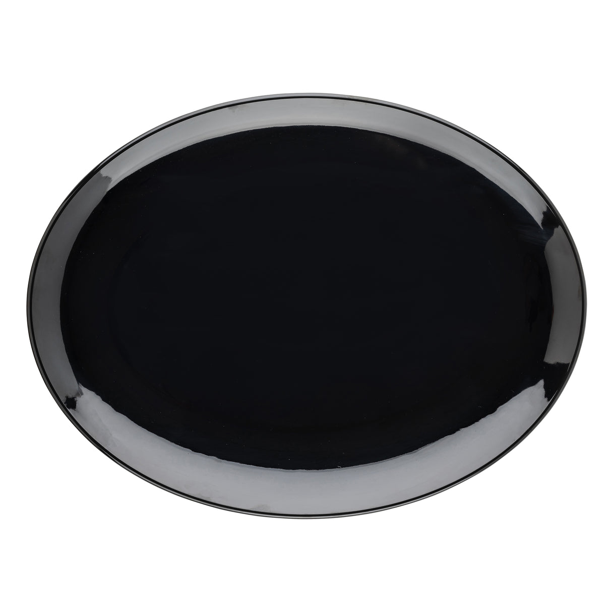 A large, glossy black oval plate from the TableCraft Products Sierra Collection is shown on a white background. This melamine serving platter features a smooth surface with a subtle reflective shine around its curved rim and no visible decorations.