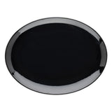 A large, glossy black oval plate from the TableCraft Products Sierra Collection is shown on a white background. This melamine serving platter features a smooth surface with a subtle reflective shine around its curved rim and no visible decorations.