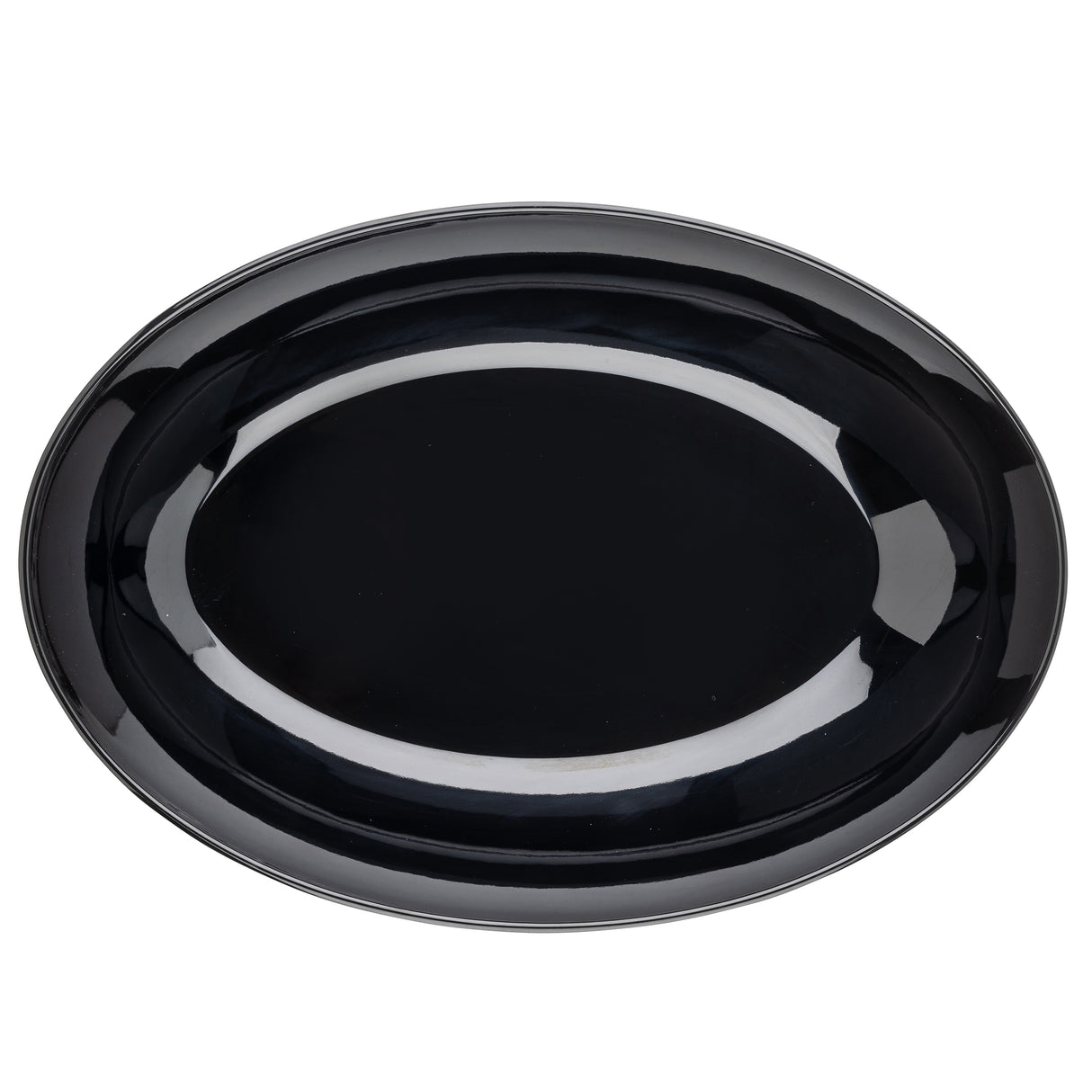 A large, glossy, oval-shaped black melamine serving platter is shown from above against a white background. The smooth, reflective surface features subtle highlights along its rim. The platter is empty.