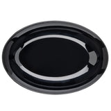 A large, glossy, oval-shaped black melamine serving platter is shown from above against a white background. The smooth, reflective surface features subtle highlights along its rim. The platter is empty.