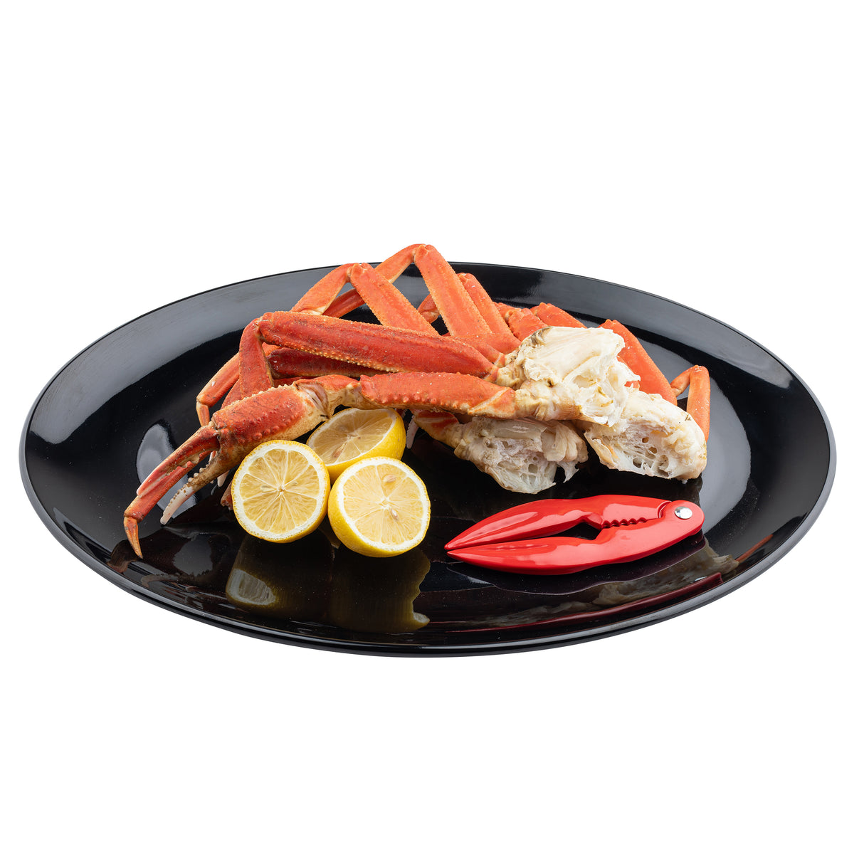 A black TableCraft Products melamine serving platter holds cooked crab legs, two halved lemons, and a red crab cracker, all neatly arranged against a plain white background.