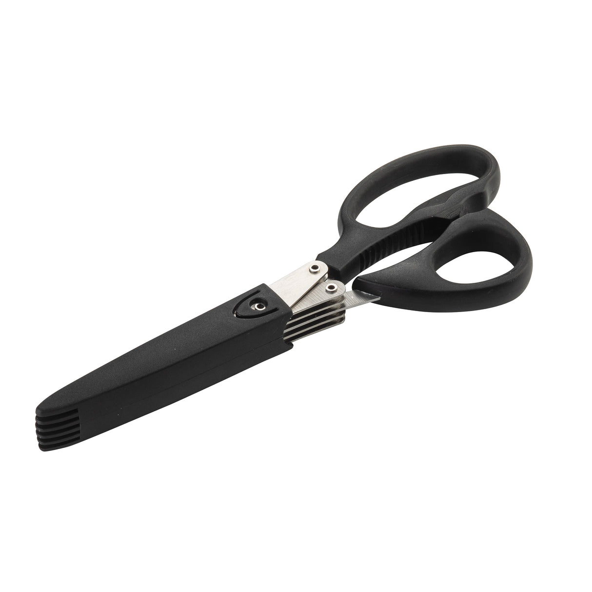 A pair of PerfectGrip black-handled herb scissors with five stainless steel blades and a matching black protective cover, designed for quickly cutting herbs or shredding paper. The scissors are shown on a plain white background.