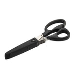A pair of PerfectGrip black-handled herb scissors with five stainless steel blades and a matching black protective cover, designed for quickly cutting herbs or shredding paper. The scissors are shown on a plain white background.