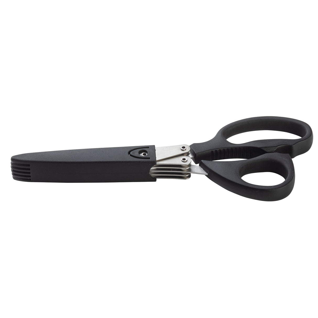 A pair of black herb scissors with a PerfectGrip handle and stainless steel blades is shown. The large finger holes and metal hinges offer comfort, while the plastic blade cover conceals the sharp edges for safety. The background is plain white.