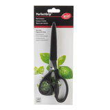 A package of PerfectGrip herb scissors by Helcraft is shown. The black-handled, stainless steel scissors are attached to a card featuring images of fresh green basil leaves. The packaging lists features like non-slip and ergonomic grip in English, French, and Spanish.