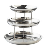 A sleek 3-tier stainless steel serving tray, each round, slightly concave dish stacked from smallest to largest. Perfect as a Seafood Tower centerpiece, it features slender vertical rods and shines against a crisp white background.