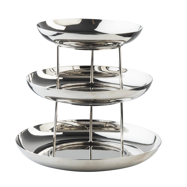 A sleek 3-tier stainless steel serving tray, each round, slightly concave dish stacked from smallest to largest. Perfect as a Seafood Tower centerpiece, it features slender vertical rods and shines against a crisp white background.