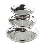 A 3-tier stainless steel serving tray with shiny, reflective plates supported by vertical rods. Each plate varies in size, perfect for displaying or serving food as an elegant Seafood Tower at your next gathering.