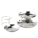 Three shiny, round stainless steel serving trays are shown: one on a tall stand, one on a short stand, and one flat—perfect for creating a 3-tier seafood tower display. The stands’ open metal frames highlight the trays' smooth, reflective surfaces.