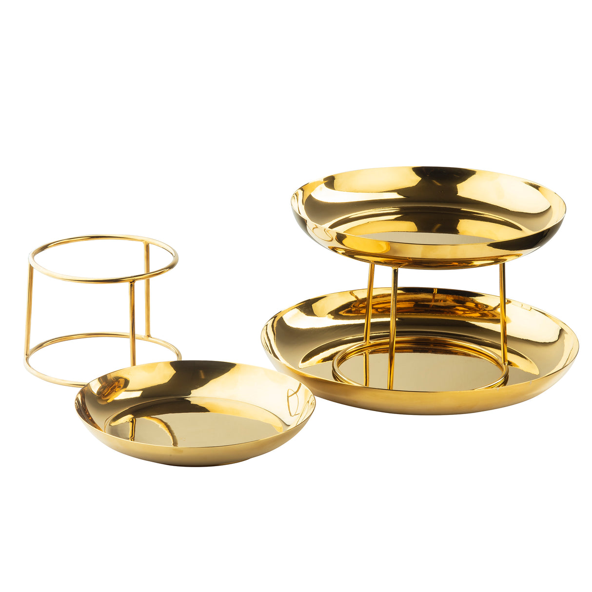 Three shiny gold finish serving trays are shown: one resting on the surface, one on a gold stand, and one elevated like a Seafood Tower. All trays are round with smooth, reflective surfaces and arranged against a white background.