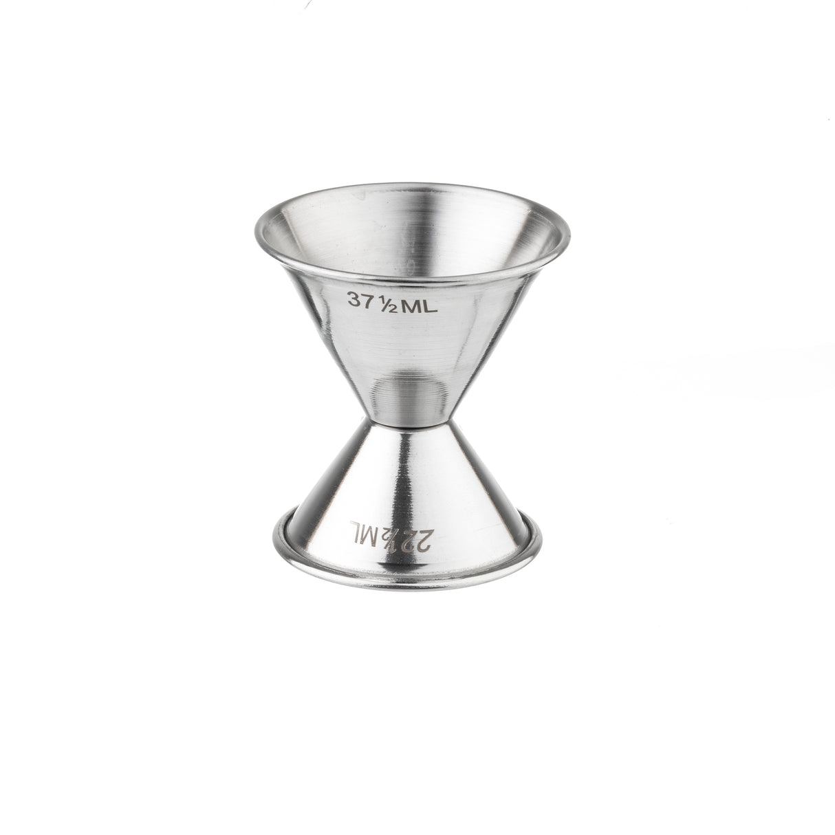 The TableCraft stainless steel jigger features a sleek, hourglass shape with one side labeled 37½ ML and the other 22½ ML, perfect for precise liquid measuring. This double-sided jigger is isolated on a white background.