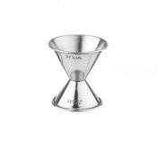 The TableCraft stainless steel jigger features a sleek, hourglass shape with one side labeled 37½ ML and the other 22½ ML, perfect for precise liquid measuring. This double-sided jigger is isolated on a white background.
