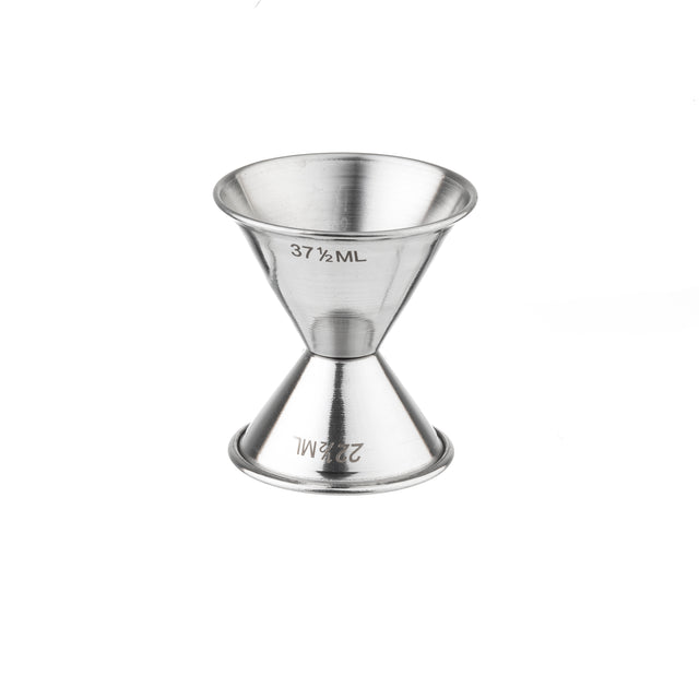 The TableCraft stainless steel jigger features a sleek, hourglass shape with one side labeled 37½ ML and the other 22½ ML, perfect for precise liquid measuring. This double-sided jigger is isolated on a white background.