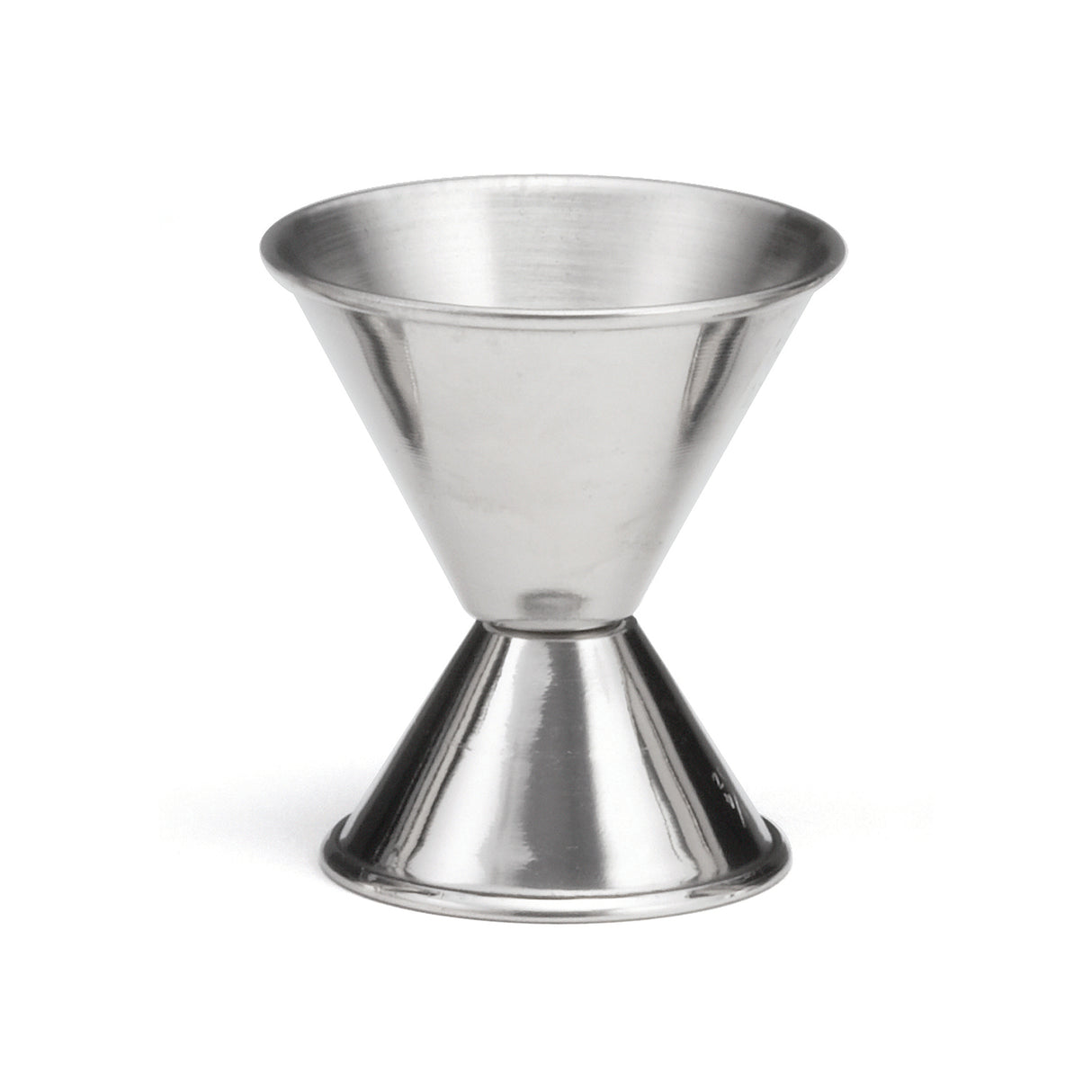A stainless steel jigger with a double-sided, hourglass shape and clear capacity stamping. One side is larger for measuring different liquor amounts. The jigger's shiny, reflective surface appears against a plain white background.