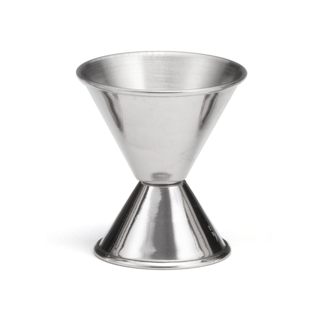 A stainless steel jigger with a double-sided, hourglass shape and clear capacity stamping. One side is larger for measuring different liquor amounts. The jigger's shiny, reflective surface appears against a plain white background.