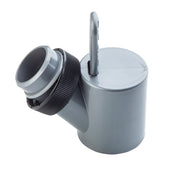 A gray polypropylene pipe connector with a cylindrical base, an angled spout with a screw-on black ring, and a vertical handle-like piece on top. Smooth and shiny, it's ideal for bag in the box or fluid transfer applications.