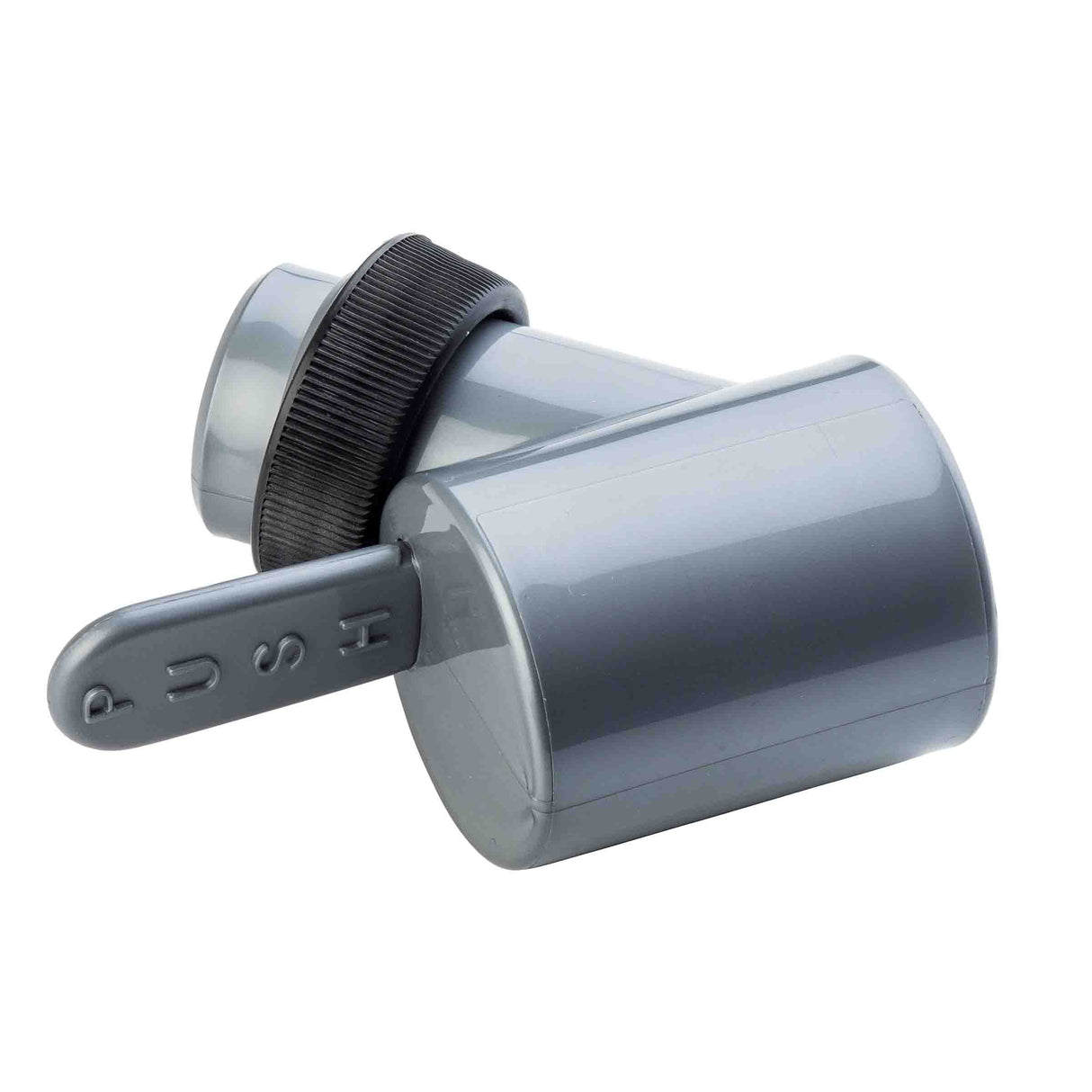 A gray polypropylene device with a cylindrical body and an angled spout, often used as a No Drip Faucet for bag in the box systems. It features a black ridged ring and a flat lever marked "PUSH," designed to be pressed for operation. Background is white.