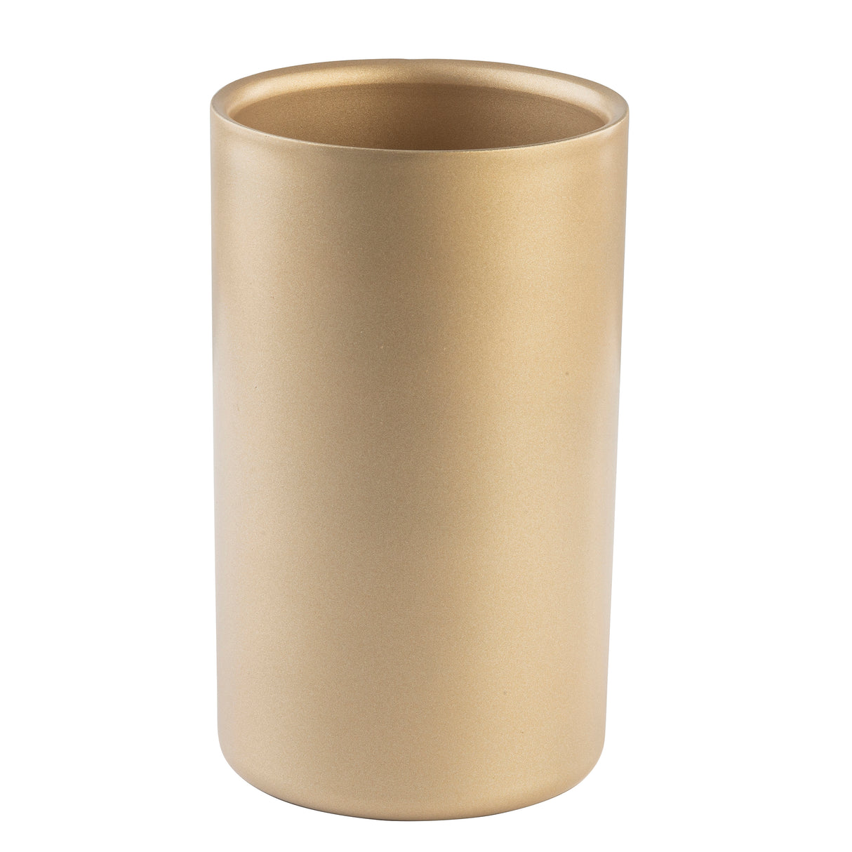 A tall, cylindrical gold-coated stainless steel vase with a smooth, matte finish. The vase has a slightly rounded rim and no visible patterns or decorations. It stands upright against a plain white background.